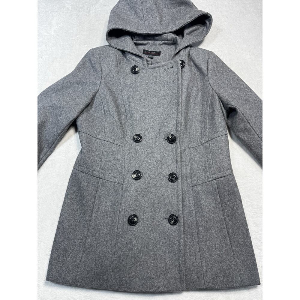 Jason Kole Wool Blend Hooded Peacoat Gray Med Dble Breasted Classic Winter Coat